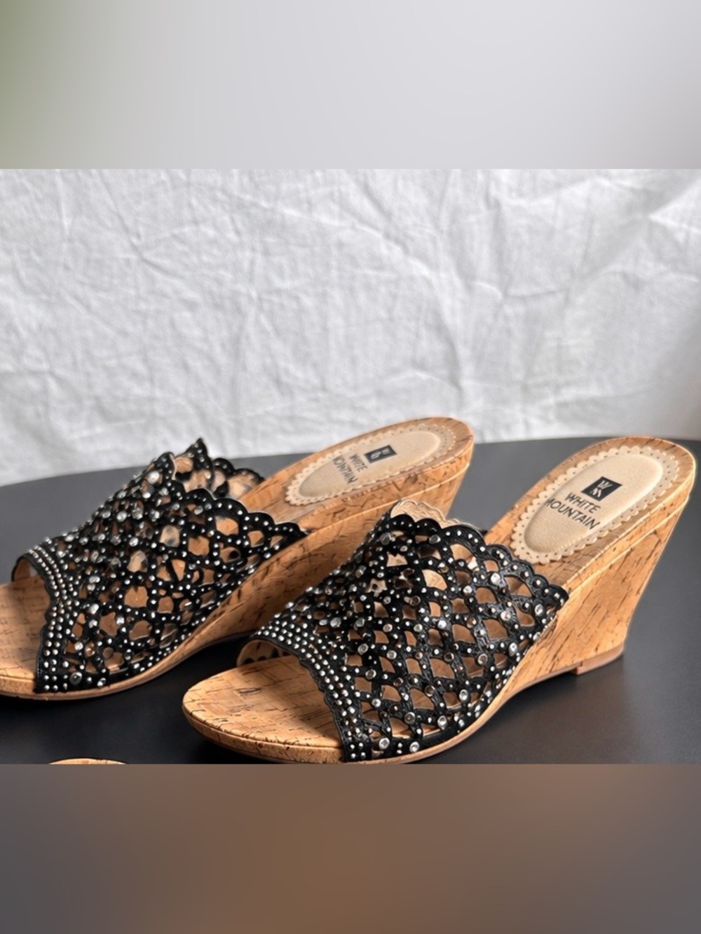 White Mountain Black Studded Cutout Slide Mules